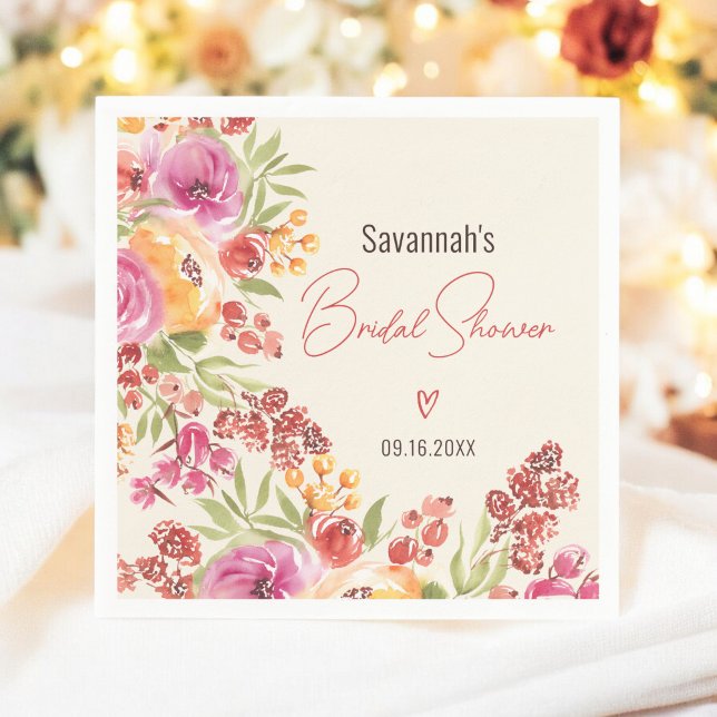 Serviette En Papier Boho Fête de Mariage Florale Aquarelle Peinte à la (Boho Hand-Painted Watercolor Floral Bridal Shower Napkins)