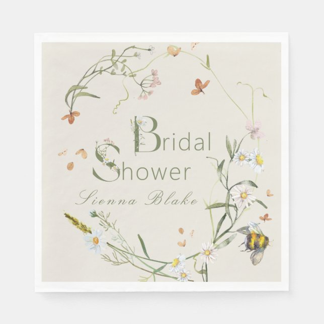 Serviette En Papier Boho Fleur sauvage Bee Beige Fête des mariées (Devant)
