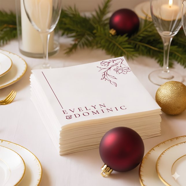 Serviette En Papier Boho Floral Line Art Burgundy Wedding Party (Créateur téléchargé)