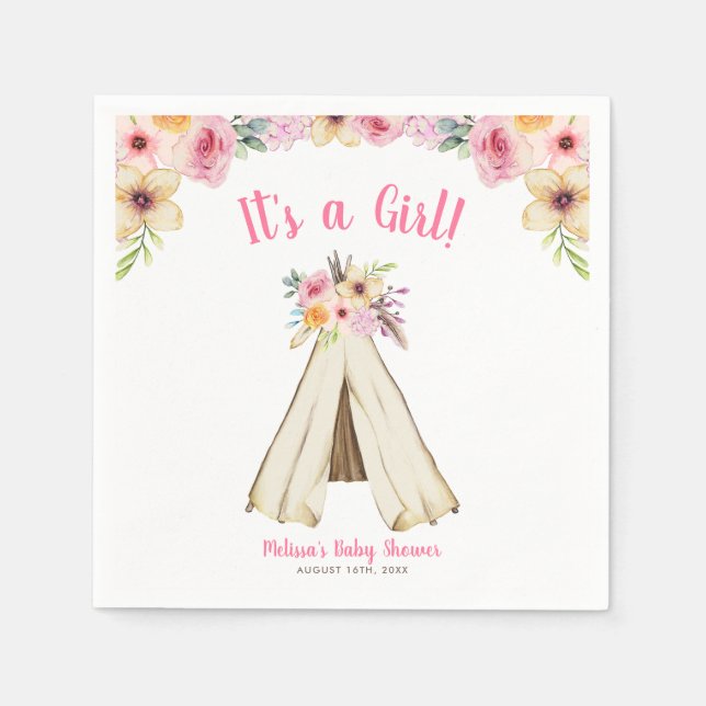 Serviette En Papier Boho Floral Tribal Teepee Girl Baby shower (Devant)