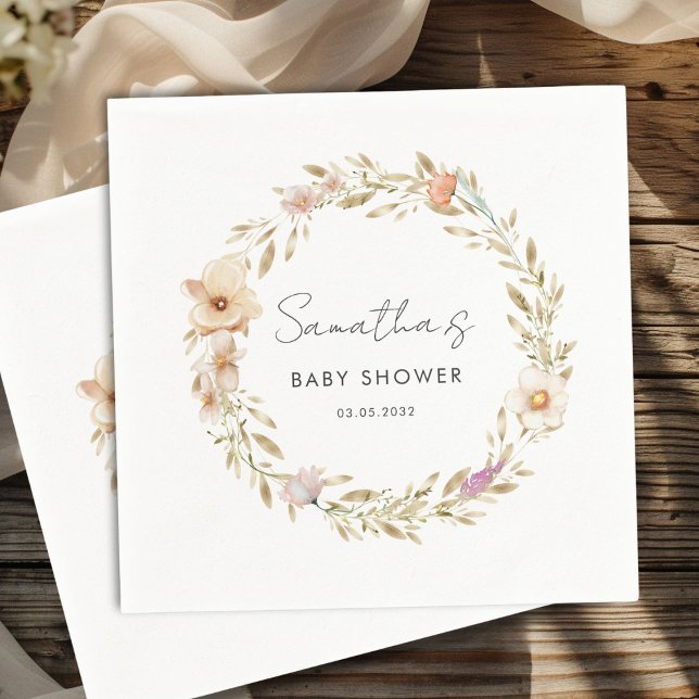 Serviette En Papier Boho Flower Baby Shower (Boho Flower Baby Shower Custom Napkins with your Name & Date. For Baby Girl & Baby Boy.)