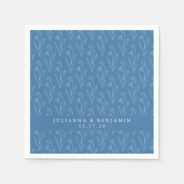 Serviette En Papier Boho moderne Floral Line Art Blue Custom Wedding (Devant)