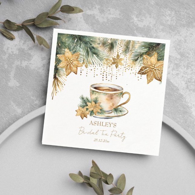 Serviette En Papier Boho Noël thé d'hiver pour la mariée (Boho Christmas winter bridal shower tea party tableware personalized Napkins pines gold poinsettia)