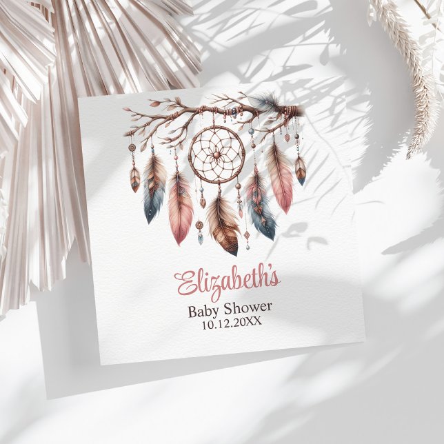 Serviette En Papier Boho Nom personnalisé Baby shower Dreamcather (Boho Custom Name Dreamcather Baby Shower Napkins on a sunny table with white dry palm leaf.)