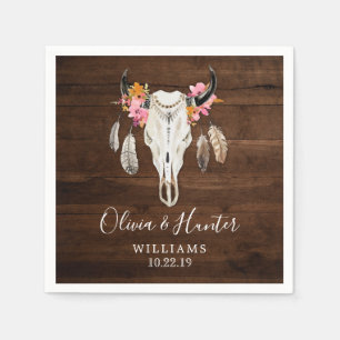 Serviette En Papier Boho Plume Antler Crâne Mariage en bois foncé