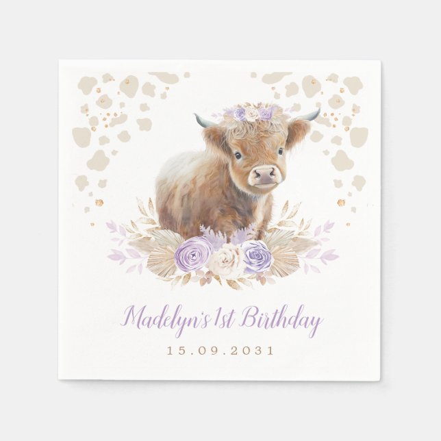 Serviette En Papier Boho Purple Floral Highland Cow Girl 1er anniversa (Devant)