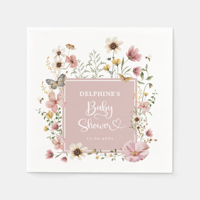 Serviette En Papier Boho rose Dusty Fleur sauvage Baby Girl Douche (Devant)