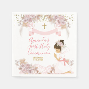 Serviette En Papier Boho Rose Floral Girl FIRST Holy Communion