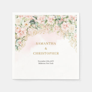 Serviette En Papier Boho rose pastel roses eucalyptus or mariage