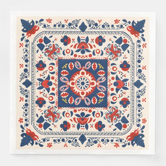 Serviette En Papier Boho rouge blanc et bleu chic art populaire géomét (Devant)