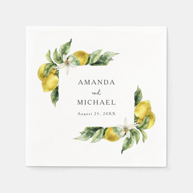 Serviette En Papier Boho rustique Aquarelle Citrons Citrus Mariage (Devant)