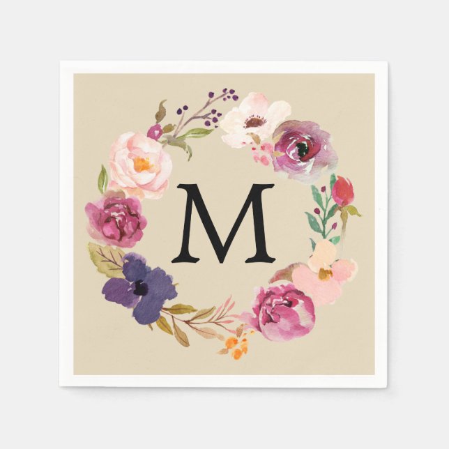 Serviette En Papier Boho rustique aquarelle Floral Wreath Monogramme (Devant)