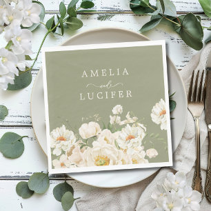 Serviette En Papier Boho Sage Green Blanc Ivory Floral Mariage
