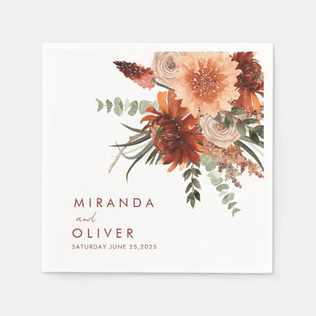 Serviette En Papier Boho Terracotta Rust Aquarelle Mariage Floral (Devant)