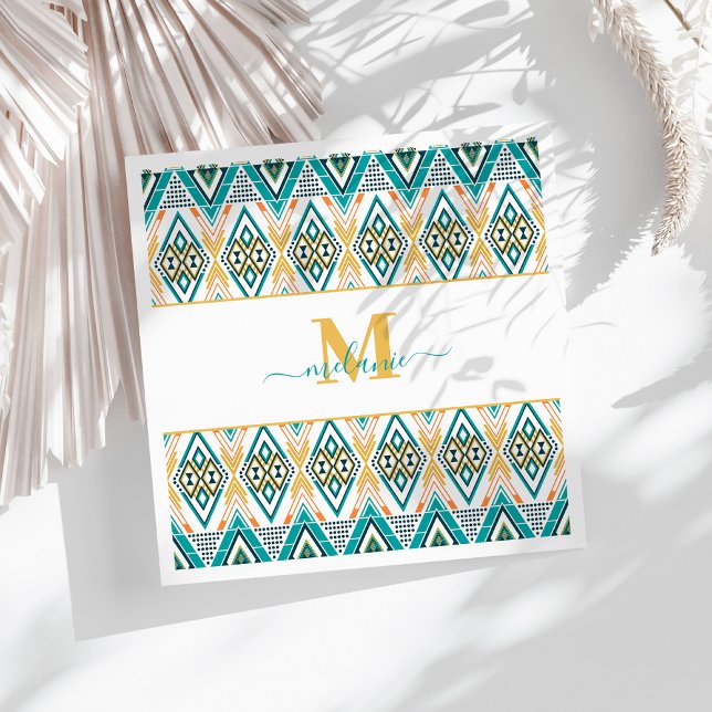 Serviette En Papier Boho Turquoise Mustard Tribal Diamond Monogramme (Boho Turquoise Mustard Tribal Diamond Monogram Napkins on a sunny white table.)