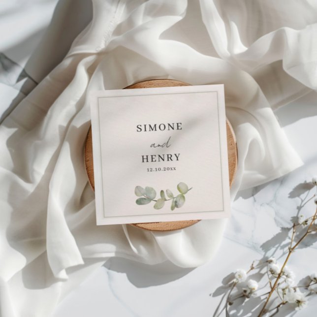 Serviette En Papier Boho Vert & Blanc Aquarelle Eucalyptus Mariage (Créateur téléchargé)