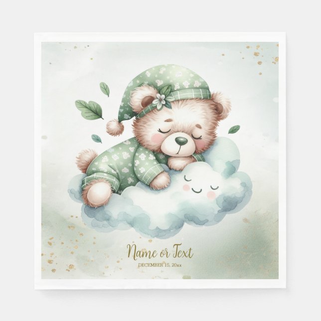 Serviette En Papier Boho Vert Sleeping Teddy Bear mignon Baby shower (Devant)