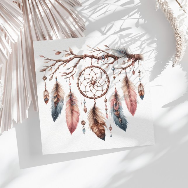 Serviette En Papier Boho Watercolor Dreamcatcher & Baby shower de plum (Boho Watercolor Dreamcatcher & Feather Baby Shower Napkins on a sunny table with white dry palm leaf)