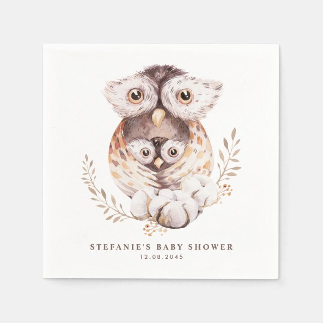 Serviette En Papier Boho Watercolor Mommy and Baby Owl Baby shower (Devant)
