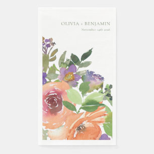 Serviette En Papier Boho Watercolor Purple Orange Floral Noms Mariages