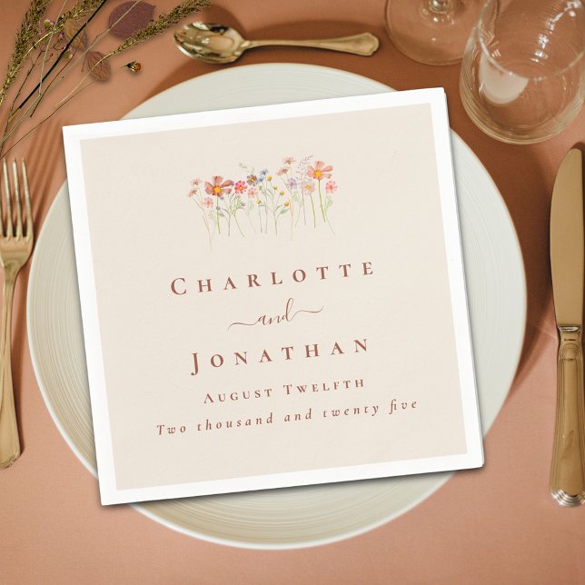 Serviette En Papier Boho Wildflower Tan Beige Terracotta Wedding (Boho Wildflower floral tan beige terracotta Wedding custom napkins Watercolor meadow flowers elegant)