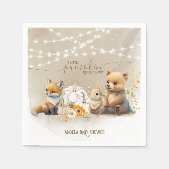 Serviette En Papier Bois Animaux Citrouille Automne Baby shower floral (Devant)