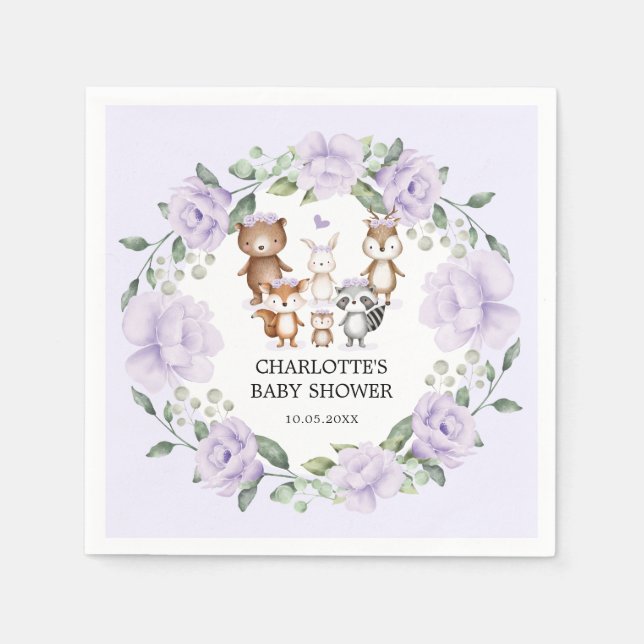 Serviette En Papier Bois Animaux Purple Floral Wreath Baby Girl (Devant)