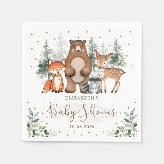 Serviette En Papier Bois Animaux Végétation Baby shower forestier (Devant)