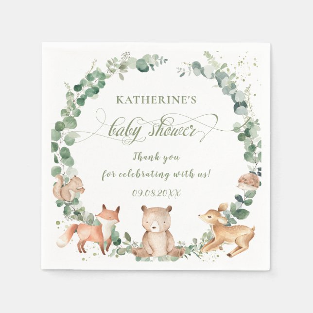 Serviette En Papier Bois Animaux Végétation Baby shower neutre (Devant)