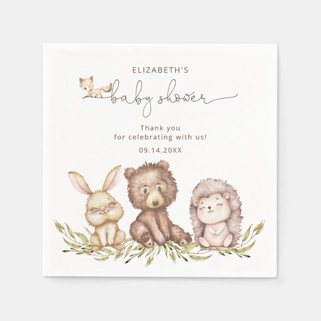 Serviette En Papier Bois Animaux Végétation Baby shower neutre (Devant)