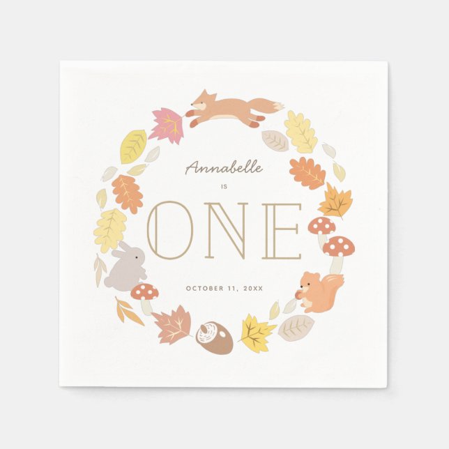 Serviette En Papier Bois Animaux Wreath Automne 1er Anniversaire (Devant)