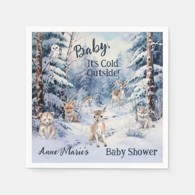 Serviette En Papier Bois Bébé Animaux Hiver Baby shower garçon (Devant)