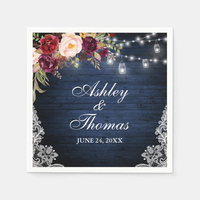 Serviette En Papier Bois bleu rustique Mariage Jar illumine la dentell (Devant)