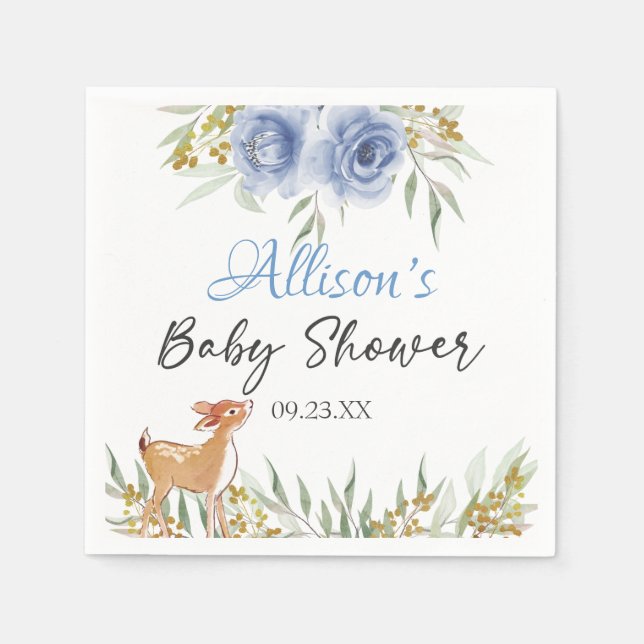 Serviette En Papier Bois de cerfs baby shower bleu fleuri (Devant)