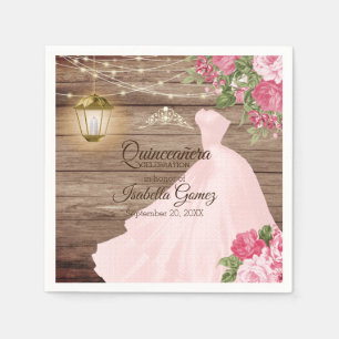 Serviette En Papier Bois de Quinceañera et fleurs mauve roses