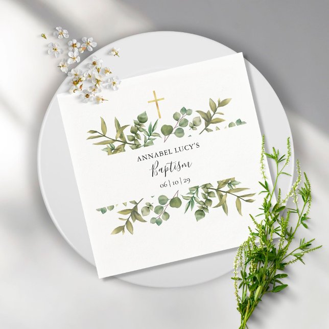 Serviette En Papier Bois Eucalyptus Verdure Baptême Christening (Créateur téléchargé)