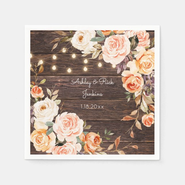 Serviette En Papier Bois, lumières, rose pâle et Mariage floral brun (Devant)