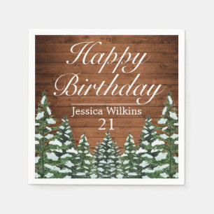 Serviette En Papier Bois neigeux & Forêt Pin de campagne heureux Anniv