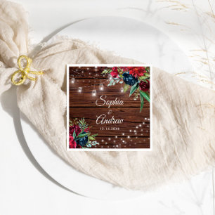 Serviette En Papier Bois rustique Bourgogne Floral Lumières Mariage