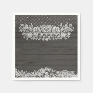 Serviette En Papier Bois rustique et dentelle blanche Élégance champêt