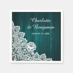 Serviette En Papier Bois rustique et dentelle Mariage Turquoise servie