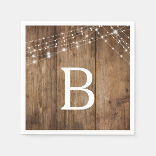 Serviette En Papier Bois rustique et lumières blanches, Monogramme