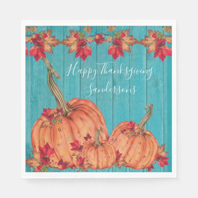 Serviette En Papier Bois turquoise Automne Orange Citrouilles Feuilles (Devant)