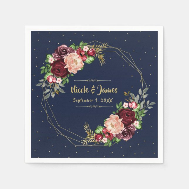 Serviette En Papier Bold Fall Floral Navy Blue Gold & Burgundy Mariage (Devant)