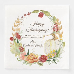 Serviette En Papier Bon thanksgiving Automne Blanc Citrouille Floral A