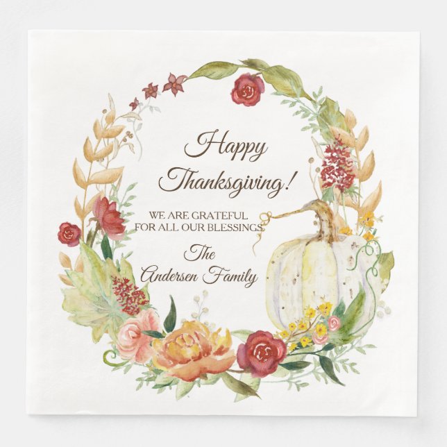 Serviette En Papier Bon thanksgiving Automne Blanc Citrouille Floral A (Devant)