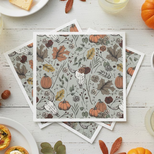 Serviette En Papier Bon thanksgiving Vache Crâne automne récolte (Elegant Sage Green Fall Cow Skulls Thanksgiving Paper Napkins. Unique Rustic Pumpkins, Autumn Leaves)