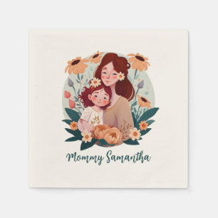 Serviette En Papier Bond adorable maman et fille - Cadre floral (3)
