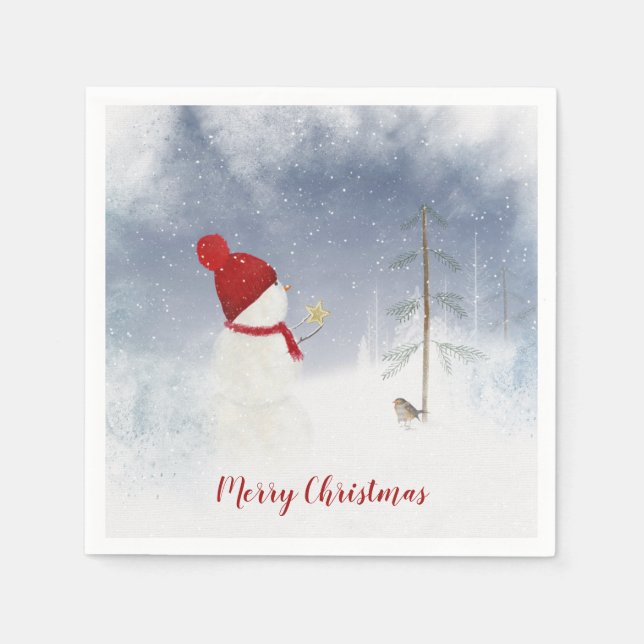 Serviette En Papier bonhomme de neige de Noël avec étoile d'or (Devant)