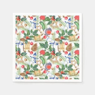 Serviette En Papier Bonhomme de neige de Noël, pommes de pin, houx, lu